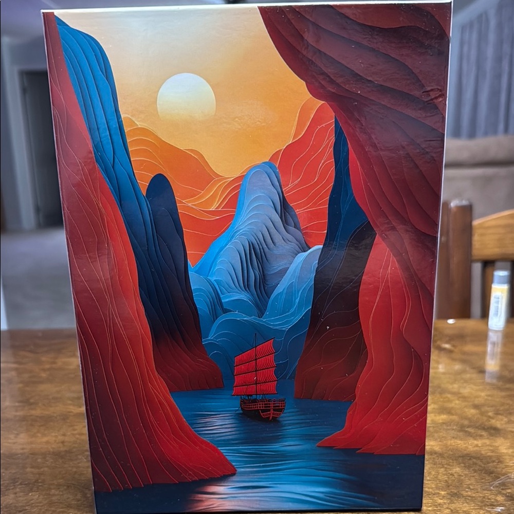 Vibrant Red and Blue Mixed Media Art with Abstract Canyon Scene